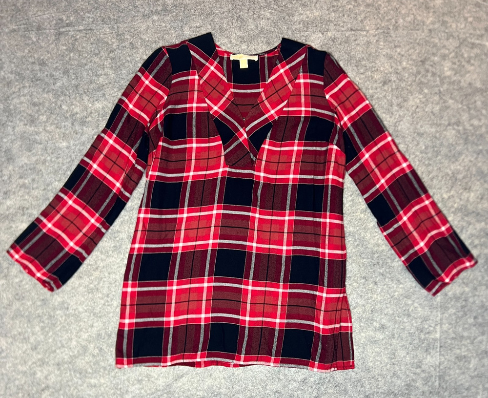 Michael Kors Red Plaid V Neck Tunic Top Size Small